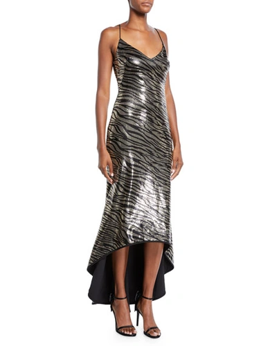 Black Halo Armelle Zebra-print Sequined High-low Dress In Golden Tiger