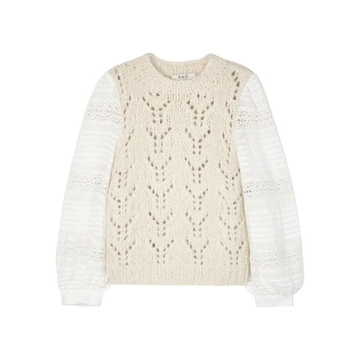 Sea Ny Ellie Pointelle-knit And Organza Top In Cream