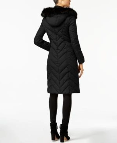 Laundry By Shelli Segal Faux-fur-trim Long Puffer Coat In Black