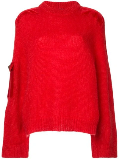 Mother Of Pearl Embellished Contrast Patch Sweater - Red