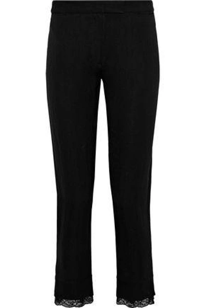 Ann Demeulemeester Cropped Lace-trimmed Wool-blend Twill Slim-leg Pants In Black