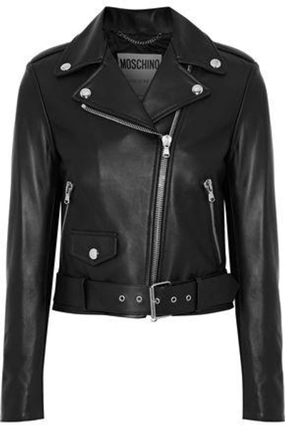 Moschino Woman Printed Leather Biker Jacket Black