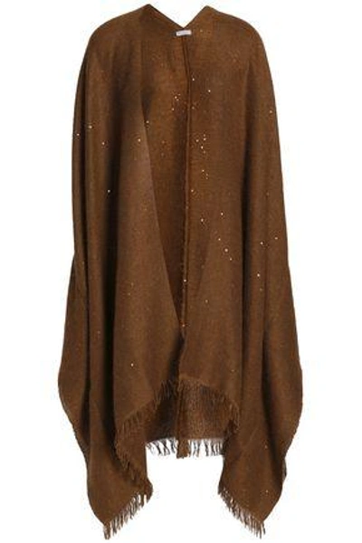 Brunello Cucinelli Woman Fringe-trimmed Sequin-embellished Cashmere-blend Cape Brown