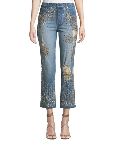 Alice And Olivia Amazing Embellished Ripped High-rise Boyfriend Jeans In Medium Blue