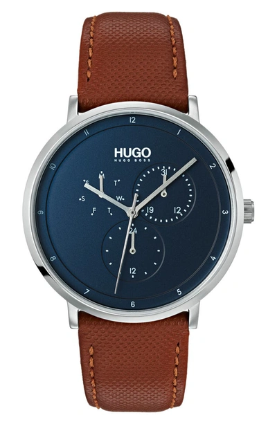 Hugo Men's #guide Ultra Slim Brown Leather Strap Watch 40mm In Blue