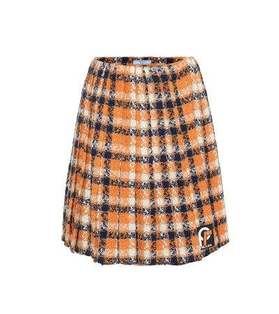Prada Pleated Checked Wool-tweed Skirt In Orange