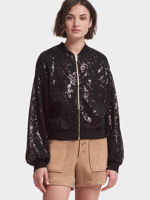 Dkny Women's Sequined Bomber Jacket With Balloon Sleeve - In Black ...