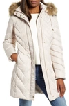 Marc New York Matte Satin Chevron Faux Fur Trim Coat In Ivory