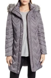 Marc New York Matte Satin Chevron Faux Fur Trim Coat In Grey