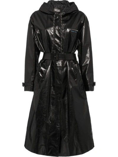 Prada Hooded Patent-leather Trench Coat In F0002 Black