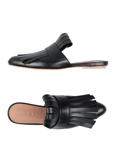 Marni Fringed Leather Slippers In Black