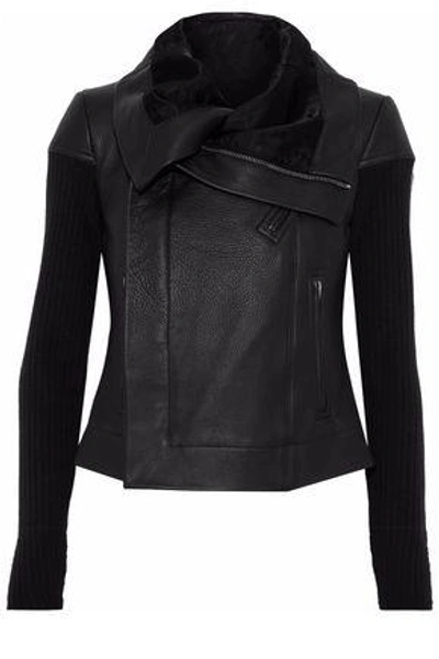 Rick Owens Woman Ribbed Knit-paneled Textured-leather Biker Jacket Black