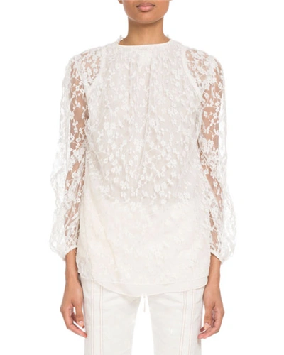 Chloé Long-sleeve Tie-neck Floral-lace Blouse In White