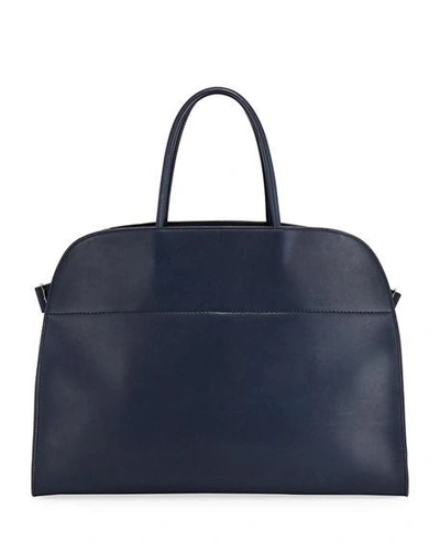 The Row Margaux 17 Smooth Saddle Leather Tote Bag In Navy