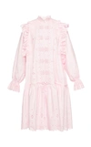 Alberta Ferretti Long Sleeve Eyelet Cotton Blend Mini Dress In Pink