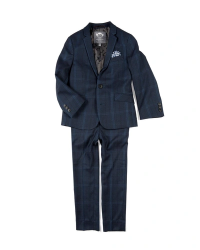 Appaman Boys' Two-piece Mod Glen Plaid Suit W/ Gingham Pocket Square, 4-16 In Blue