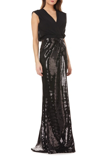 Kay Unger Sleeveless Column Gown W/ Sequin Skirt In Black