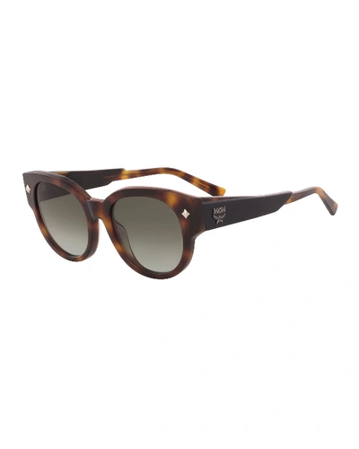 Mcm Round Acetate Sunglasses W/ Leather Wrapped Arms In Havana