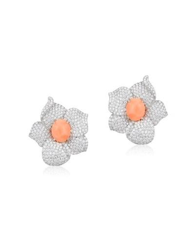 Andreoli 18k White Gold, Diamond & Coral Flower Earrings