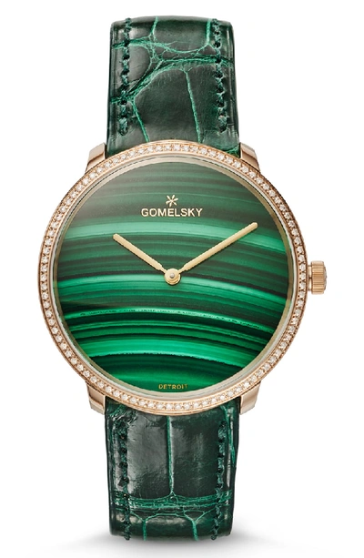 Gomelsky The Lois Diamond Alligator Strap Watch, 36mm In Green/ Malachite/ Champagne