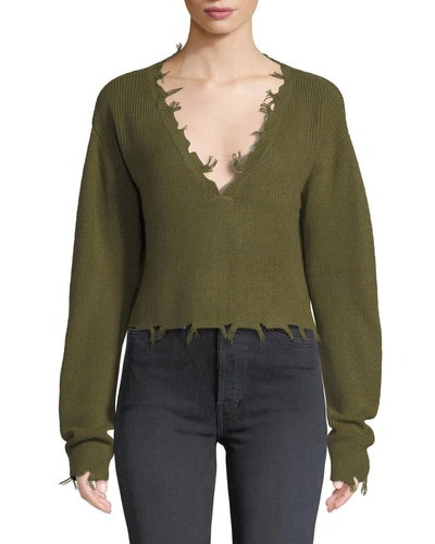 Lovers & Friends Prospect Frayed Long-sleeve Cropped Sweater In Green