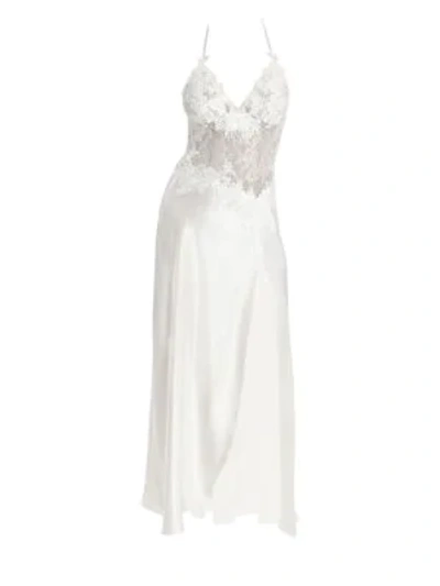 Jonquil Sutton Lace Bodice Side Slit Satin Night Gown In Ivory