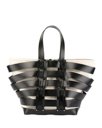 Paco Rabanne Cage Leather & Canvas North/south Tote - Ivory In Ivory/ Black