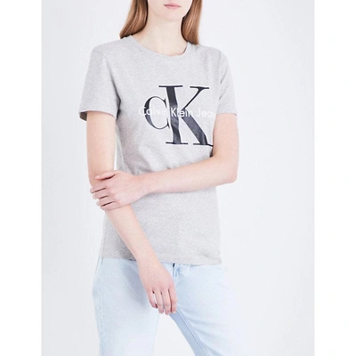 Calvin Klein Ladies Light Grey Heather Printed Classic Logo-print Cotton-jersey T-shirt In Nero