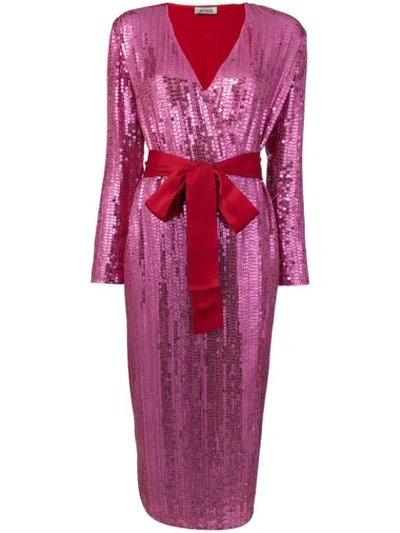 Attico Belted Sequined Satin Midi Dress In Pink