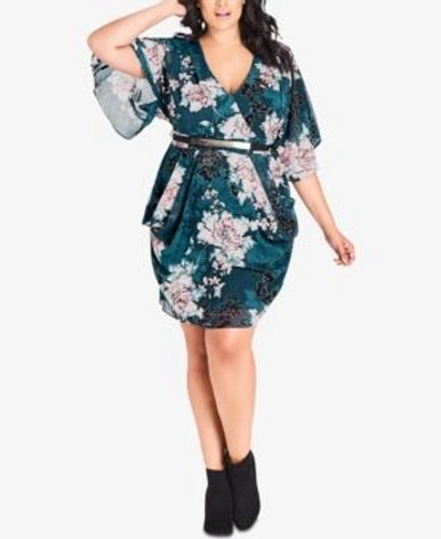City Chic Trendy Plus Size Draped Faux-wrap Dress In Jade Bloss