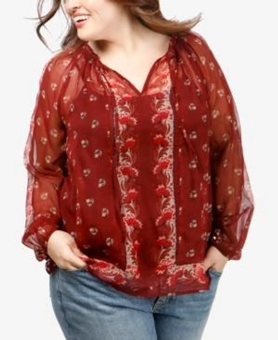 Lucky Brand Trendy Plus Size Printed Peasant Top In Red Multi