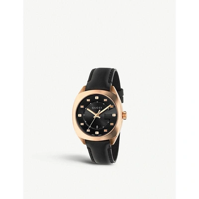 Gucci Ya142407 Gg2570 Pink Gold And Leather Watch In Nero