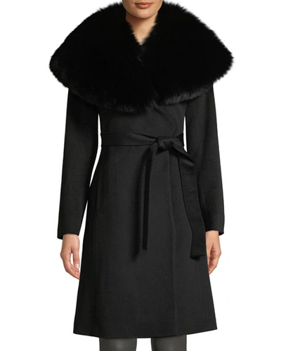 Fleurette Oversize Fur-collar Wool Wrap Coat In Black