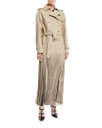 Valentino Double-breasted Belted Fringe Hem Leather Trench Coat