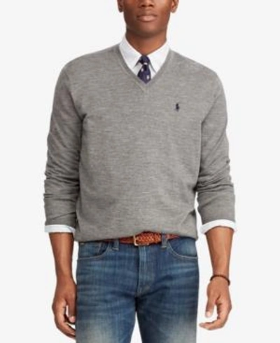 Polo Ralph Lauren Washable Merino Wool V-neck Sweater In Fawn Gray Heather