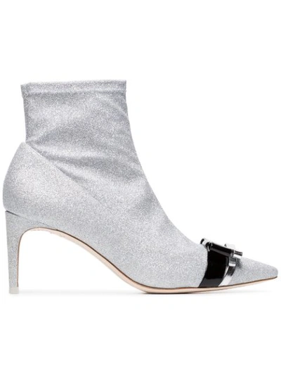 Sophia Webster Andie Bow Leather-trimmed Glittered Stretch-knit Ankle Boots In Metallic