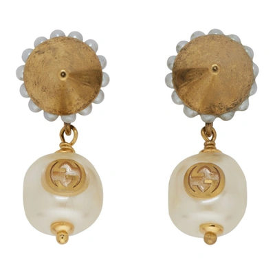 Gucci Gold Interlocking G Pearl Earrings In 8078 Cream