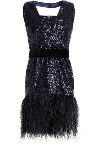 Milly Woman Feather-trimmed Sequined Tulle Halterneck Dress Navy