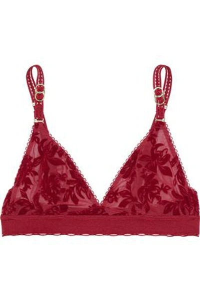 Stella Mccartney Fleur Dancing Flocked Stretch-mesh Soft-cup Triangle Bra In Crimson