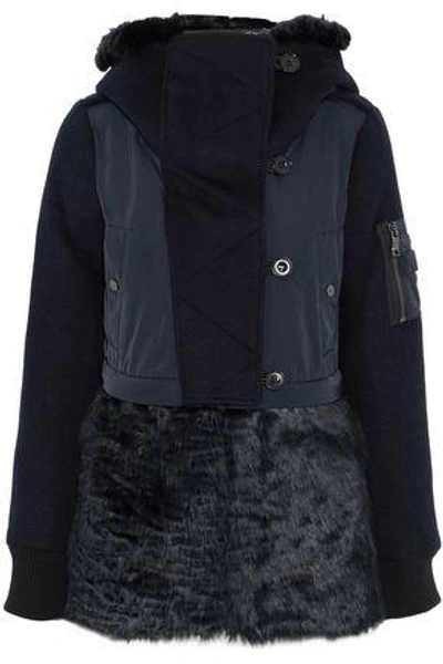 Ashley B Woman Faux Fur And Shell-paneled Wool-blend Down Hooded Jacket Midnight Blue