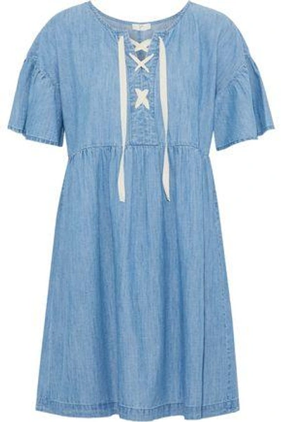 Joie Woman Yenvy Lace-up Cotton-blend Chambray Mini Dress Light Blue