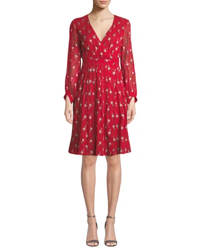 Ba&sh Memory Floral Long-sleeve V-neck Dress In Red