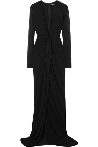 Tom Ford Long-sleeve Plunging V-neck Knotted Gown In Black