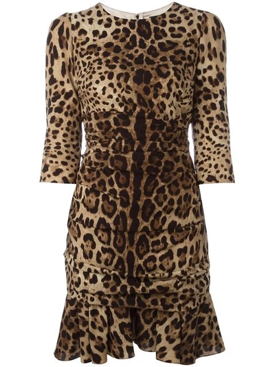 Dolce & Gabbana Leopard-print 3/4-sleeve Flounce Dress, Brown/black Leopard In Natural Leopard
