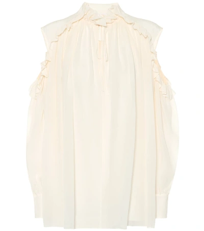 Chloé Ruffled Open-shoulder V-neck Long-sleeve Silk Blouse In Dusty White