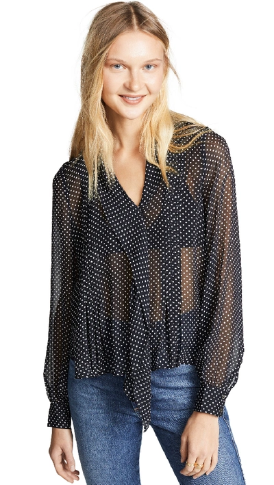 Joie Dowa Polka Dot Asymmetric Ruffle Silk Blouse In Caviar