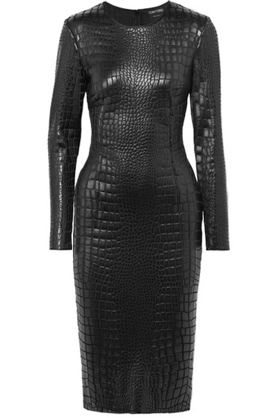 Tom Ford Long-sleeve Crocodile-print Sheath Dress In Black