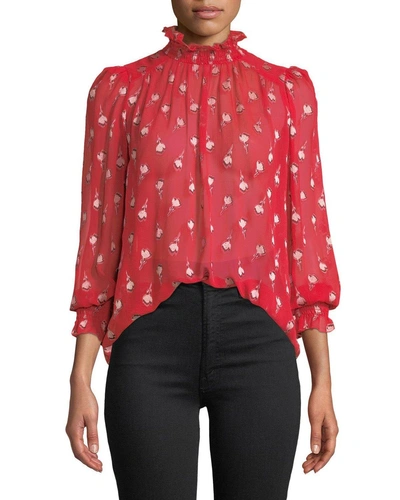 Ba&sh Malawi High-neck Floral Long-sleeve Top In Red