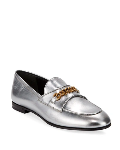 Tom Ford Metallic Loafers With Chain Detail In Silver