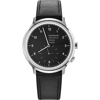 Mondaine Mh1-r2020-lb Helvetica No1 Regular Leather And Stainless Steel Watch In Black